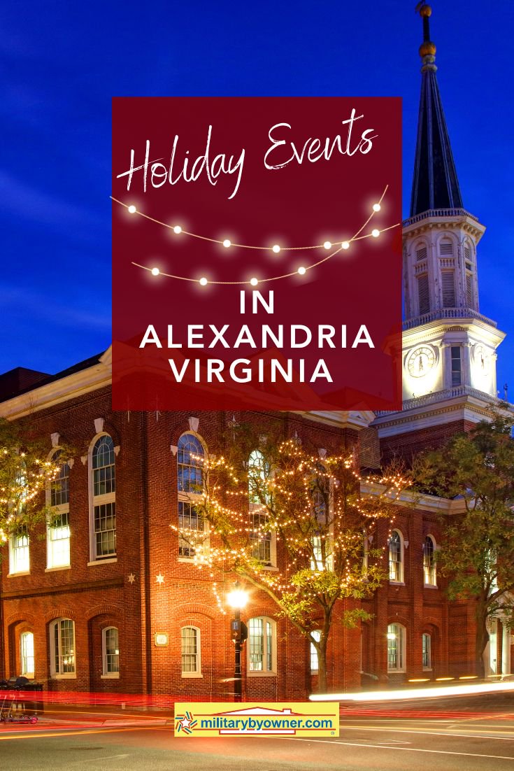 Image of cathedral and blue sky with holiday lights with text Alexandria_Holiday_Events