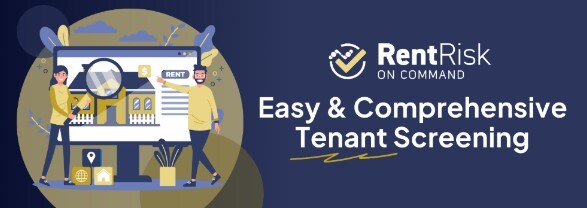 RentRisk Easy and Comprehensive Tenant Screenging CTA dark blue background with cartoon couple looking at house with magnifying glass