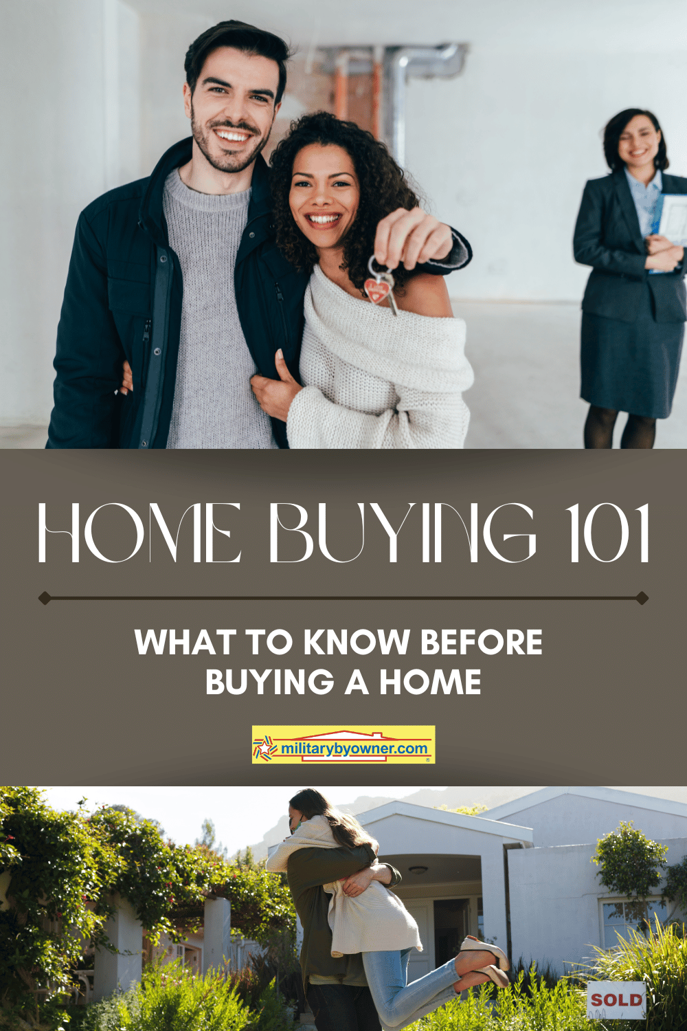 Photos of couple holding keys to new house and couple hugging in front of sold sign in yard with text, Home Buying 101: What to Know Before Buying a Home